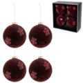 J-Line kerstballen glas fluweel bordeaux 12 cm set van 4