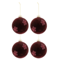 J-Line kerstballen glas fluweel bordeaux 12 cm set van 4