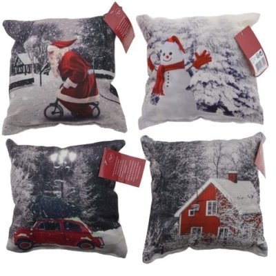 Mini deco kerstkussen auto huis 19x18 cm