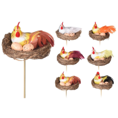 Kip met ei op stokje 28 cm assorti