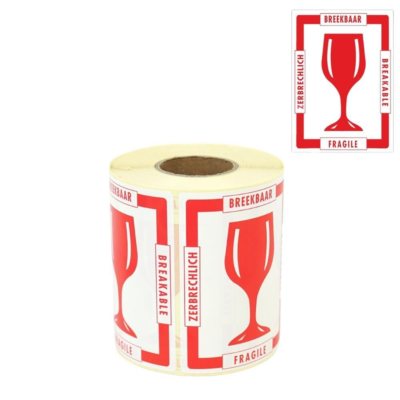 Stickers op rol breekbaar rood/wit 100x80 mm 500 stuks
