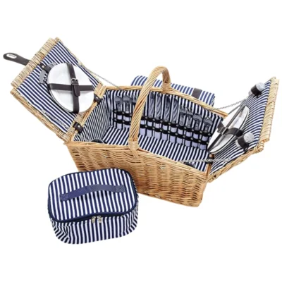 Picknick mand riet blauw/wit 4 personen 26-delig