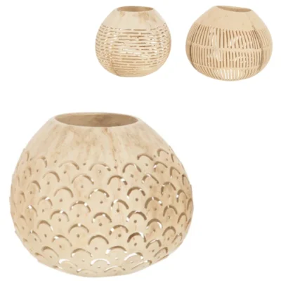 J-line theelichthouder kokosnoot lijnen naturel 14 cm 3 assorti