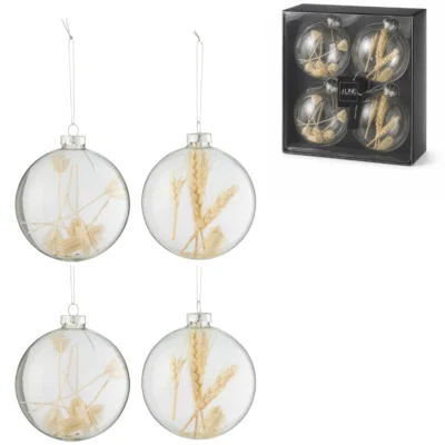 J-Line kerstballen glas bol droogtak beige 10 cm set van 4