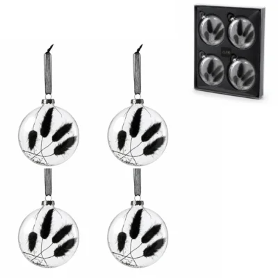 J-Line kerstballen glas droogtak zwart 10 cm set van 4
