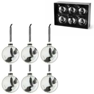 J-Line kerstballen glas bol droogtak zwart 8 cm set van 6