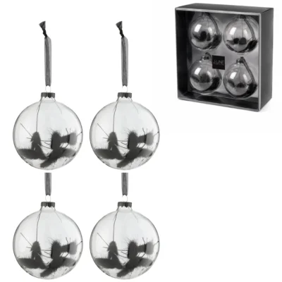 J-Line kerstballen glas bol droogtak zwart 10 cm set van 4