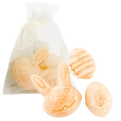 Amberblokje paashaas en eieren lily 4,5 cm organza zakje met 3 stuks