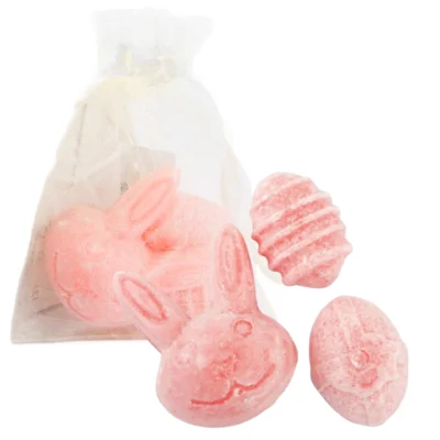 Amberblokje paashaas en eieren invicto 4,5 cm organza zakje met 3 stuks