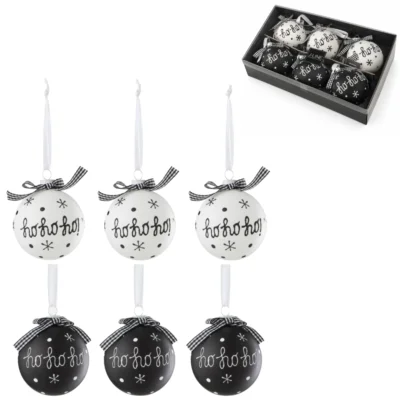J-Line kerstballen glas Ho Ho zwart/wit 8 cm set van 6