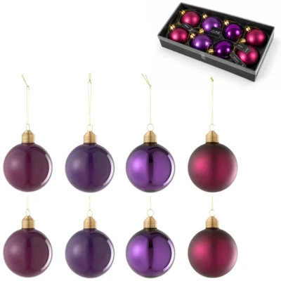 J-Line kerstballen glas paars 8 cm set van 8