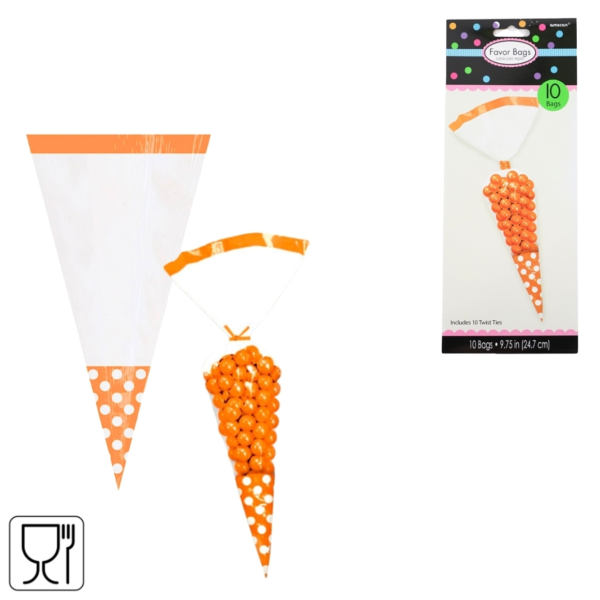 Party puntzak met sluiting transparant/oranje 24,7 cm set van 10