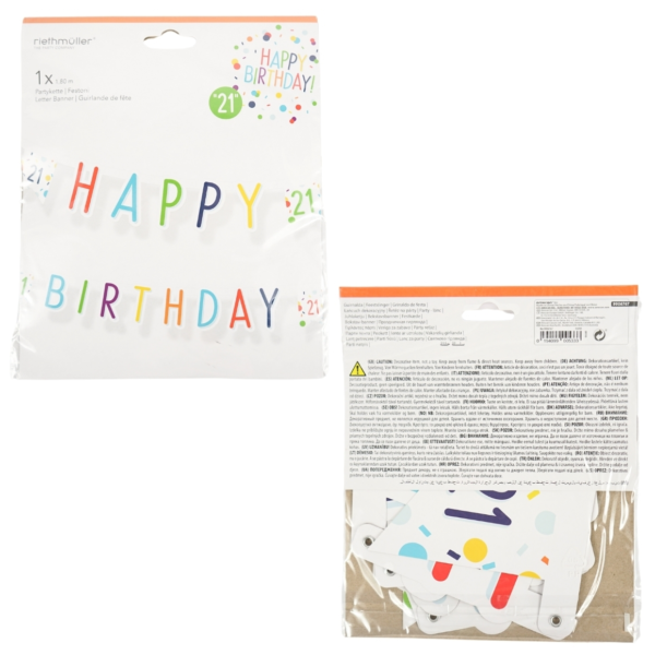 Letterslinger Happy Birthday 21 jaar confetti 180 cm