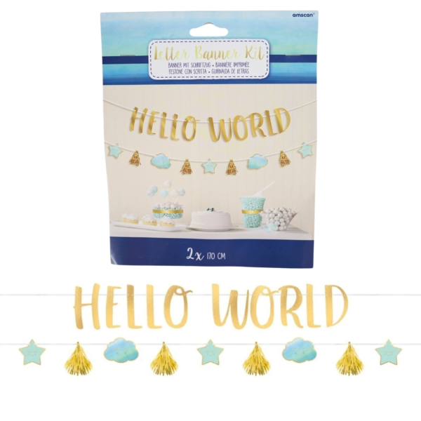 Letterslinger baby boy Hello World blauw/goudkleurig 170 cm