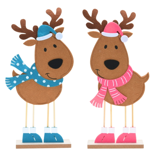 Decoratie rendier op voet vilt roze/blauw 40 cm 2 assorti