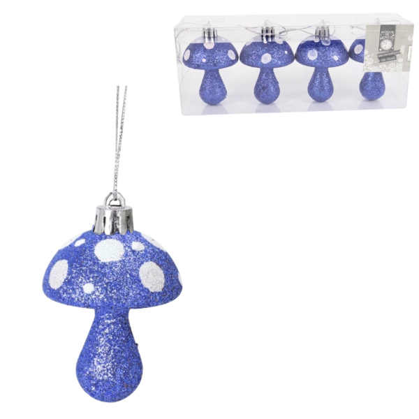Kersthanger paddenstoel glitter blauw 7 cm set van 4