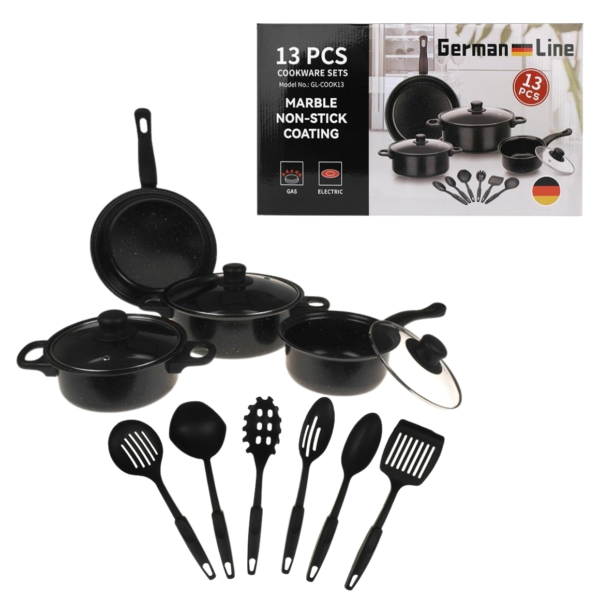 German Line pannenset met kookgerei zwart 13-delig