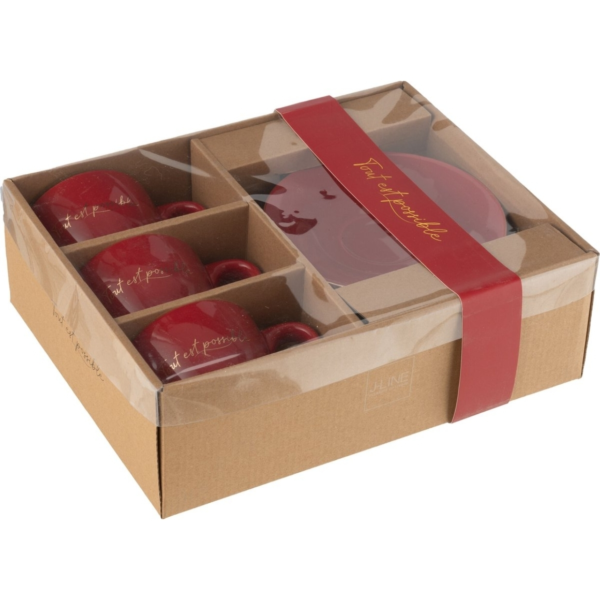 J-Line kop en schoteltje Tout Est Possible porselein rood 200 ml 3 stuks