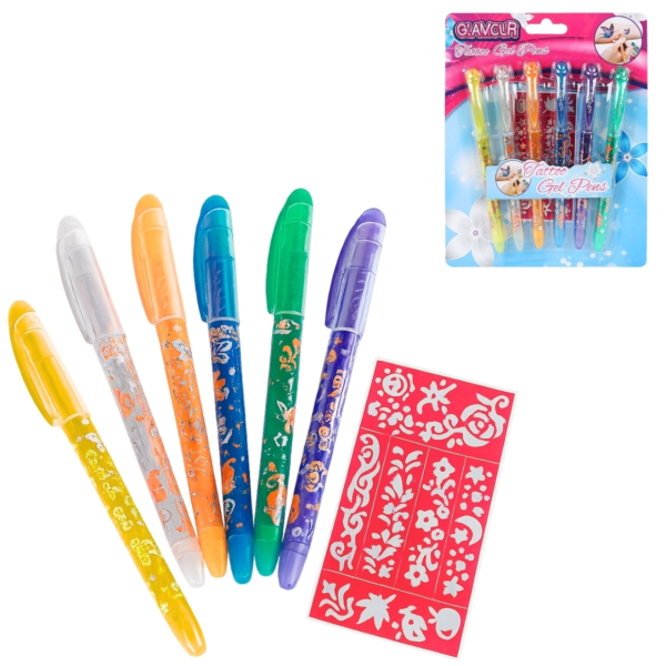 Glamour glitter tattoo pennen met sjabloon set van 6