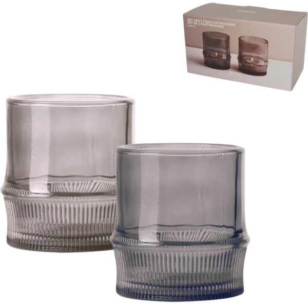 Gusta Teelichthalter Glas grau 8 cm 2er Set