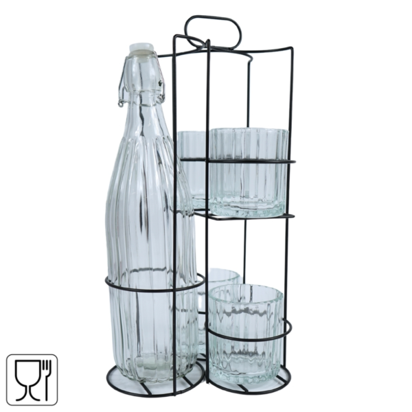 Fles met 4 glazen in metalen houder