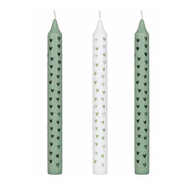 Dinerkaarsen hartjes groen 2,2 x 20 cm set van 3