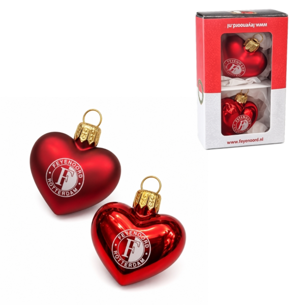 Kerstbal Feyenoord hart glas rood 5 cm set van 2