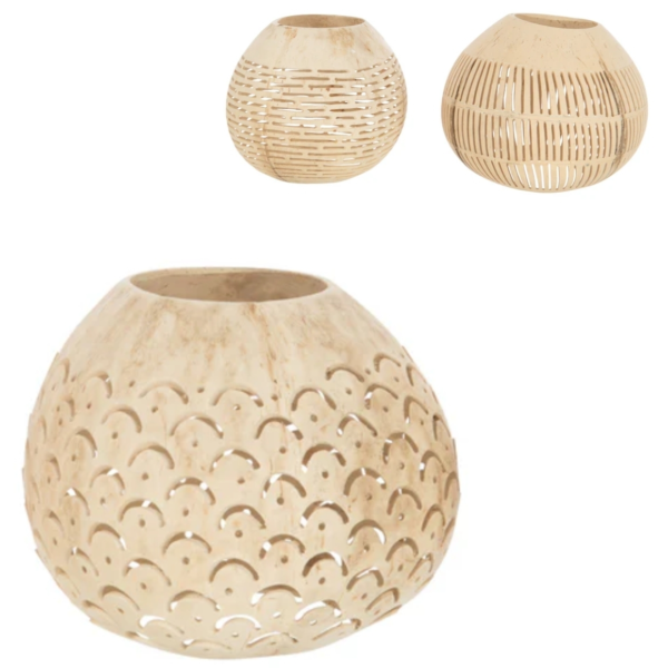 J-line theelichthouder kokosnoot lijnen naturel 14 cm 3 assorti