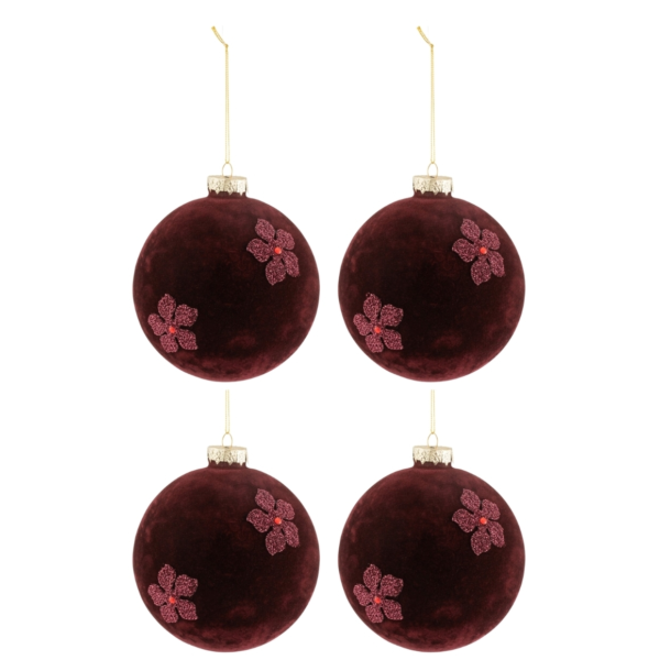 J-Line kerstballen glas fluweel bordeaux 12 cm set van 4
