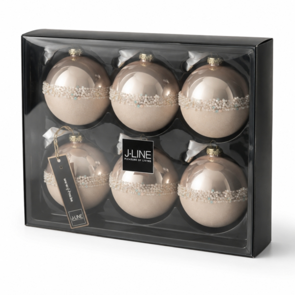 J-Line kerstballen Paillet glas roze 8,5 cm set van 6