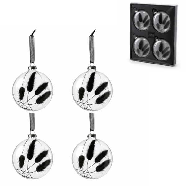 J-Line kerstballen glas droogtak zwart 10 cm set van 4