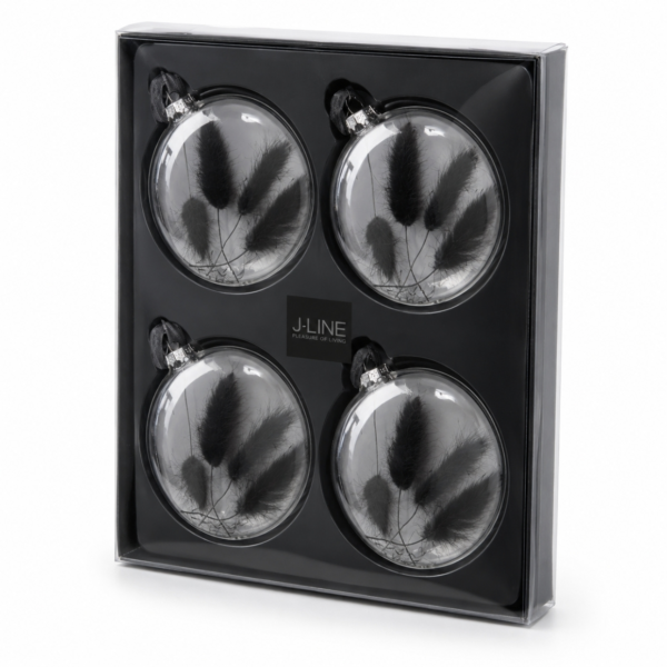 J-Line kerstballen glas droogtak zwart 10 cm set van 4