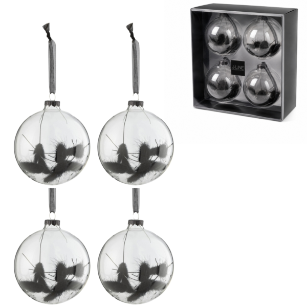 J-Line kerstballen glas bol droogtak zwart 10 cm set van 4