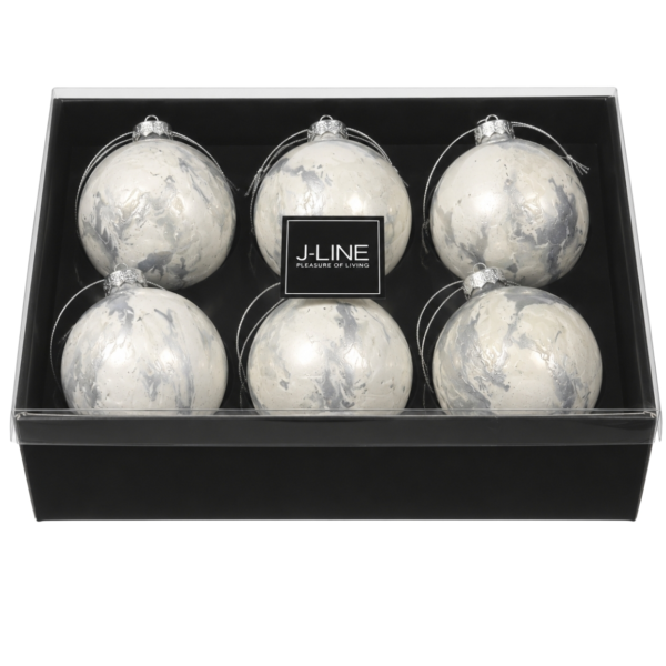 J-Line kerstballen glas wit/zilverkleurig 8 cm 6 stuks