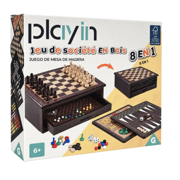 PLAY IN gezelschapsspel hout 8-in-1