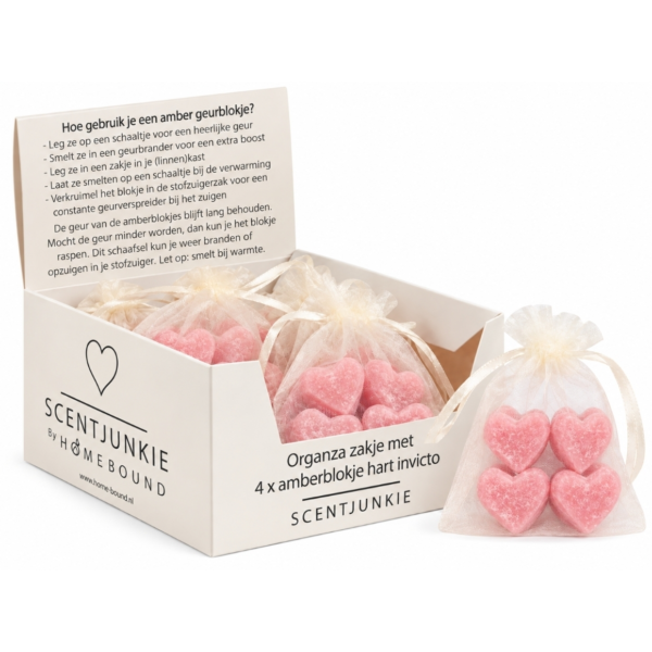 Amberblokje Hart intense secret 2,5 cm organza zakje met 4 stuks
