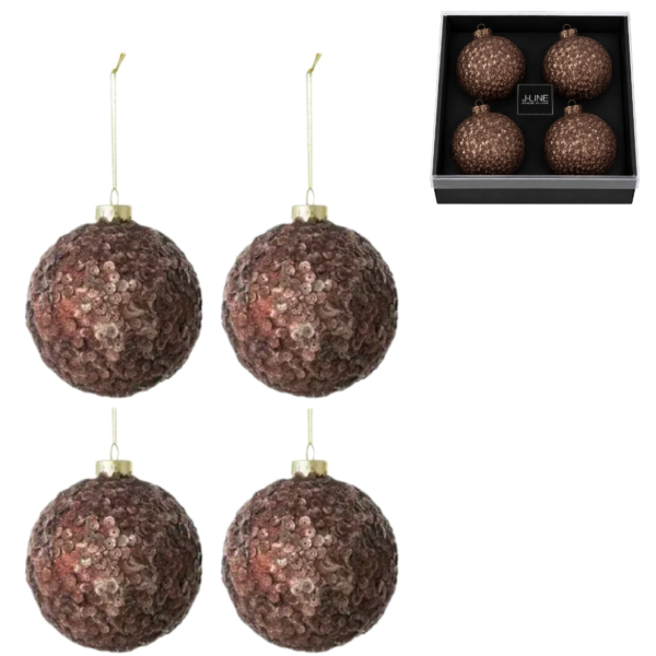 J-Line kerstballen glitters bruin 10 cm 4 stuks