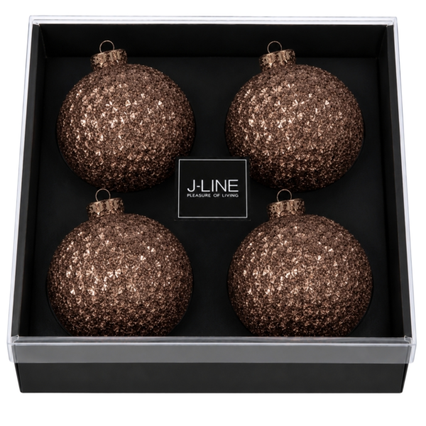 J-Line kerstballen glitters bruin 10 cm 4 stuks