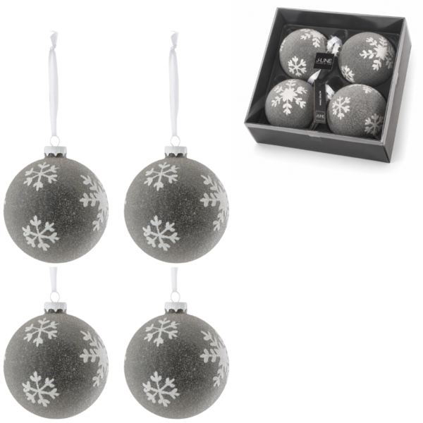 J-Line kerstballen glas Sneeuwvlok grijs 10 cm set van 4