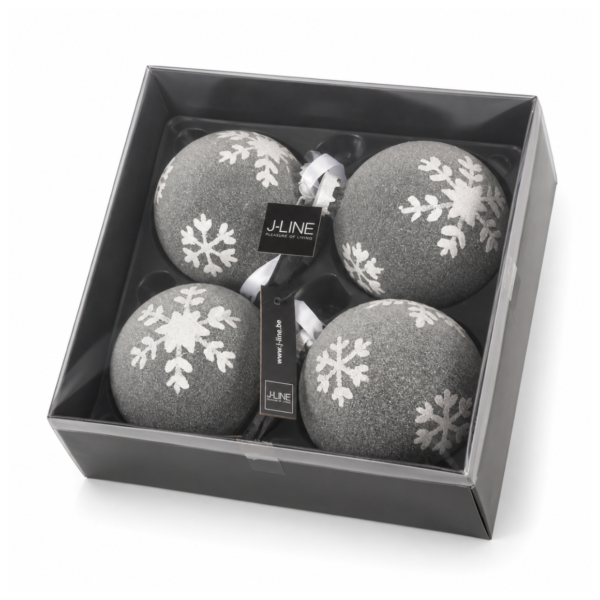J-Line kerstballen glas Sneeuwvlok grijs 10 cm set van 4