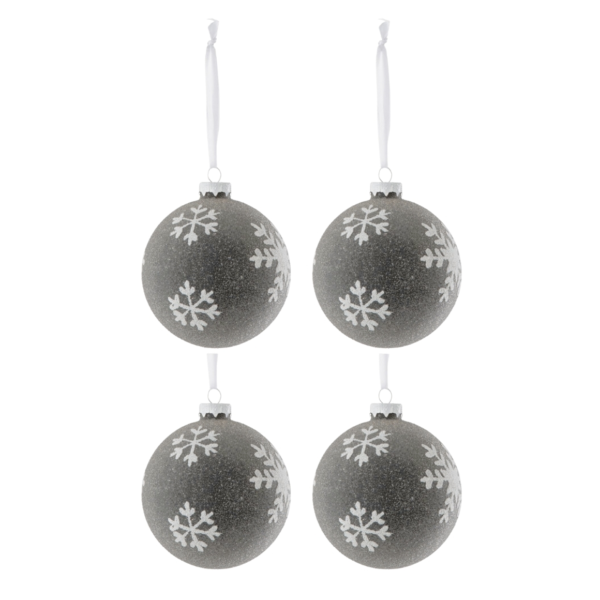 J-Line kerstballen glas Sneeuwvlok grijs 10 cm set van 4