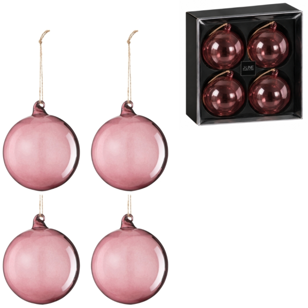 J-Line kerstballen glas Mauve 10 cm set van 4