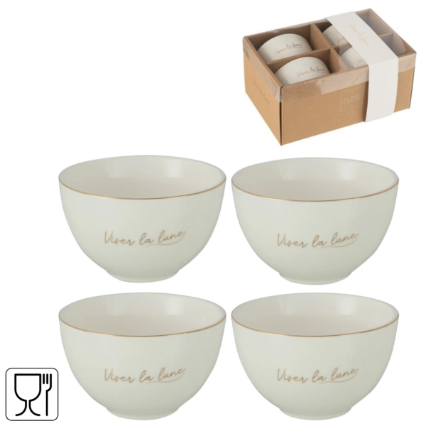 J-Line kommen La Lune porselein wit/goudkleurig 10 cm set van 4