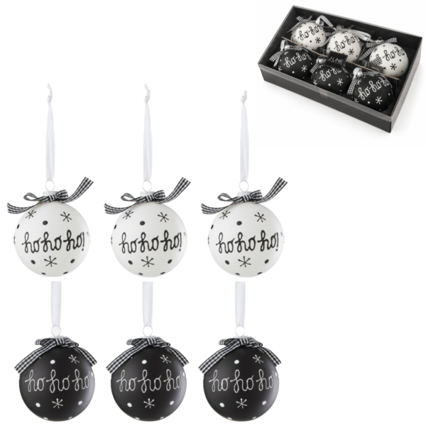 J-Line kerstballen glas Ho Ho zwart/wit 8 cm set van 6