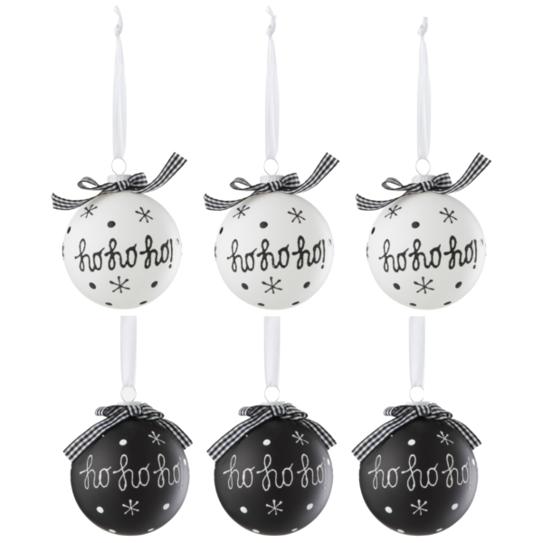J-Line kerstballen glas Ho Ho zwart/wit 8 cm set van 6