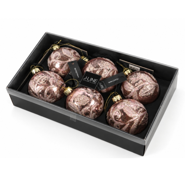 J-Line kerstballen glas Flora roze 8 cm set van 6