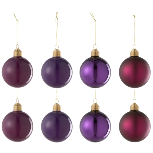 J-Line kerstballen glas paars 8 cm set van 8