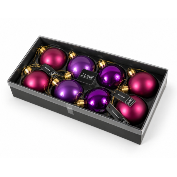 J-Line kerstballen glas paars 8 cm set van 8