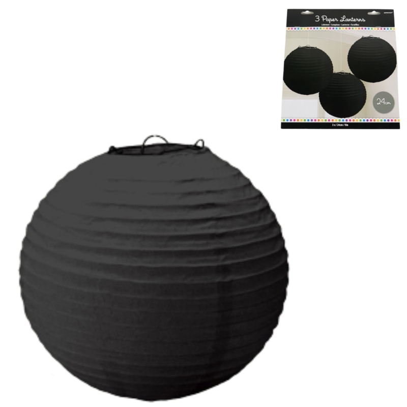 Lampion papier zwart 24 cm set van 3