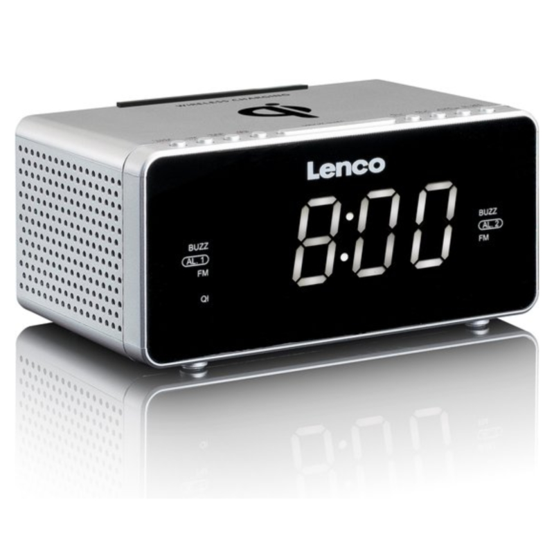 Lenco wekker met USB en QI draadloze lader grijs EU stekker